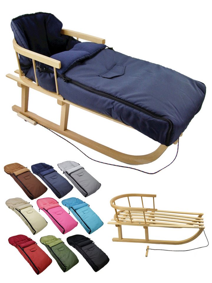 BambiniWelt by Rafael K. Davoser Schlitten CE-HOLZSCHLITTEN mit Rückenlehne Zugleine + WINTERFUßSACK Fleece 108cm Bild 5