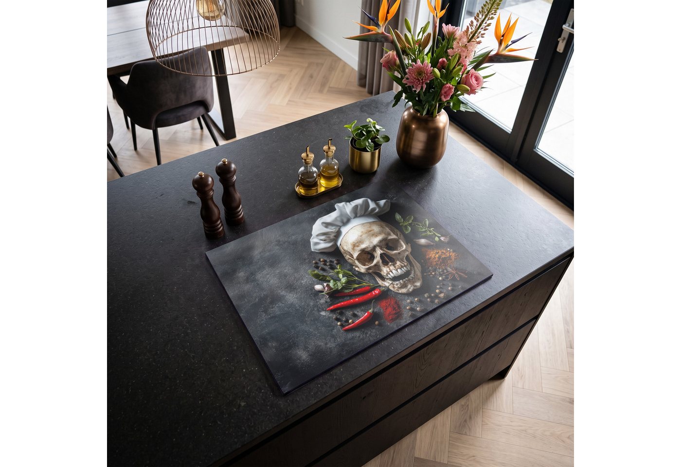 MuchoWow Herd-Abdeckplatte Skelett - Gewürz - Lebensmittel - Schädel - Koch, Vinyl, (1 tlg), Küche Herdabdeckung Ceranfeld Induktionsfeld Vinyl, 65x50 cm Bild 2