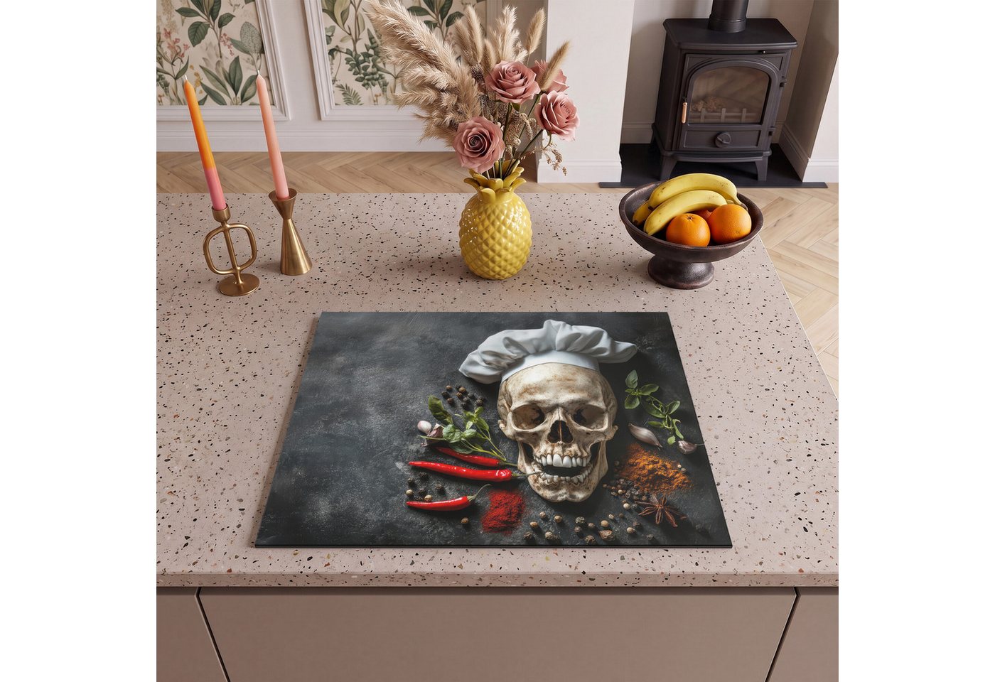 MuchoWow Herd-Abdeckplatte Skelett - Gewürz - Lebensmittel - Schädel - Koch, Vinyl, (1 tlg), Küche Herdabdeckung Ceranfeld Induktionsfeld Vinyl, 65x50 cm Bild 3