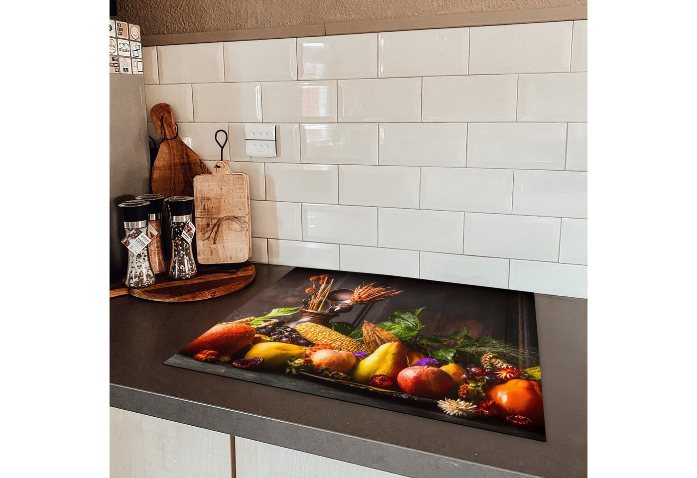 MuchoWow Herd-Abdeckplatte Gemüse - Obst - Rustikal - Tisch, Vinyl, (1 tlg), Abdeckung Induktionskochfeld Schutzmatte, Küche Deko, 65x52 cm