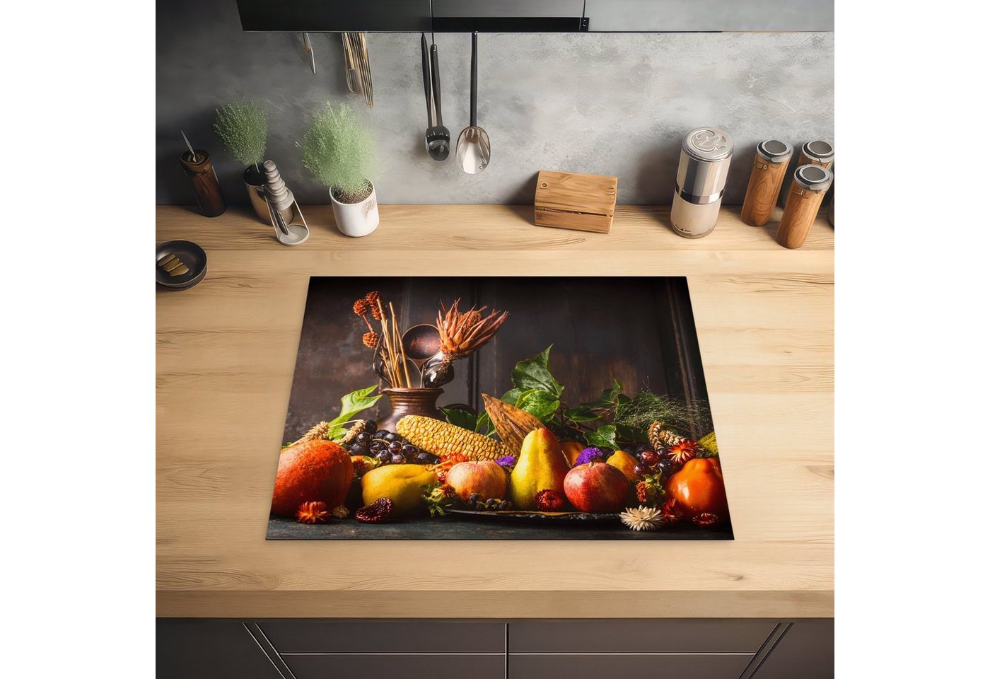 MuchoWow Herd-Abdeckplatte Gemüse - Obst - Rustikal - Tisch, Vinyl, (1 tlg), Abdeckung Induktionskochfeld Schutzmatte, Küche Deko, 65x52 cm Bild 2