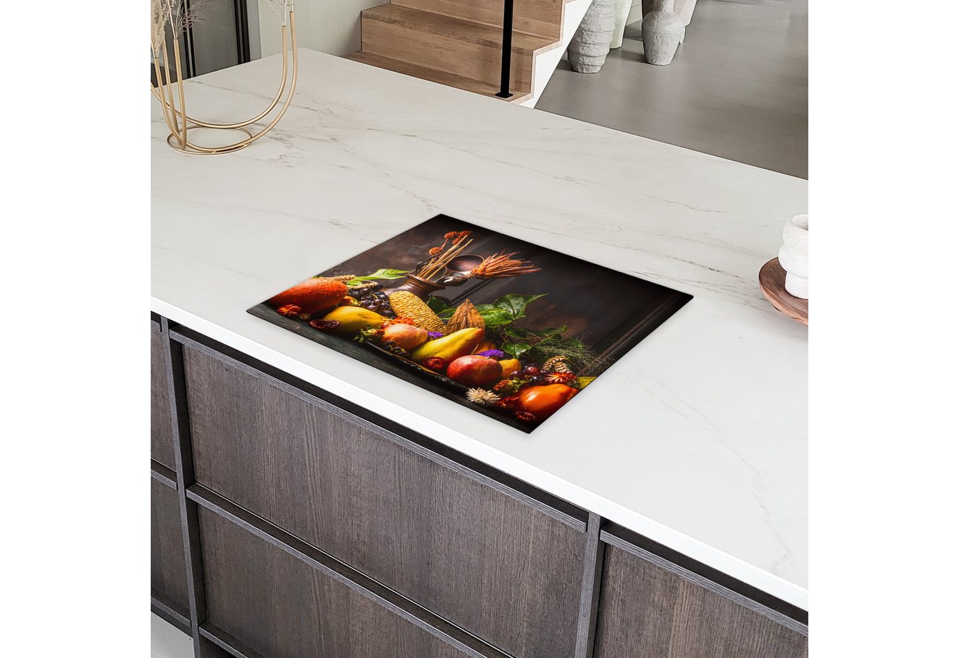 MuchoWow Herd-Abdeckplatte Gemüse - Obst - Rustikal - Tisch, Vinyl, (1 tlg), Abdeckung Induktionskochfeld Schutzmatte, Küche Deko, 65x52 cm Bild 4