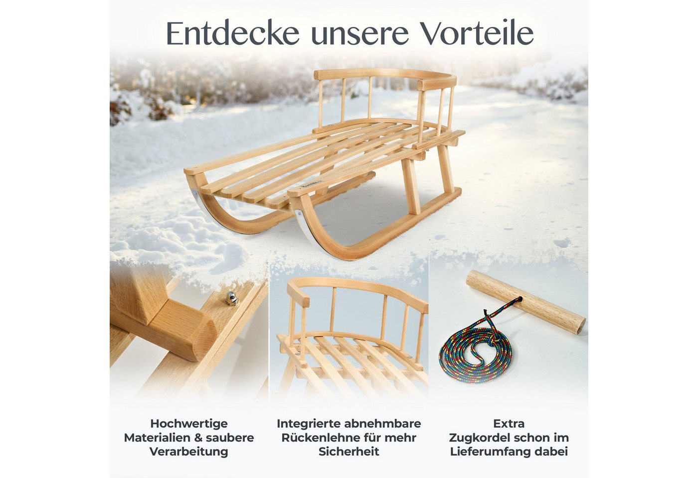 BambiniWelt by Rafael K. Davoser Schlitten Holzschlitten mit Rückenlehne & Zugseil Rodel Kinder Schlitten 90cm, mit Rückenlehne und Zugseil Bild 2