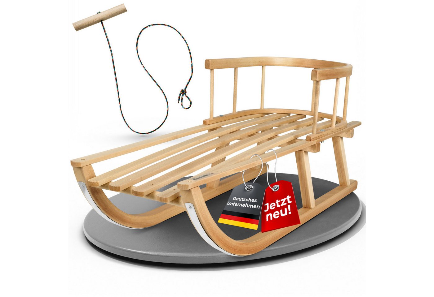 BambiniWelt by Rafael K. Davoser Schlitten Holzschlitten mit Rückenlehne & Zugseil Rodel Kinder Schlitten 90cm, mit Rückenlehne und Zugseil Bild 3
