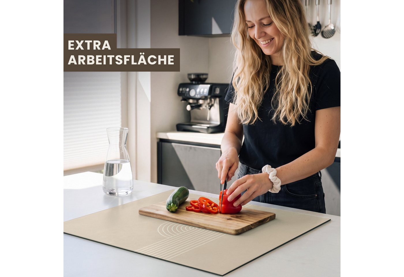 MuchoWow Herd-Abdeckplatte Parallele Linien - Leichte Textur - Beige, Vinyl, (1 tlg), Ceranfeldabdeckung Küche, Herdabdeckplatte Einteilig, 60x52 cm Bild 4