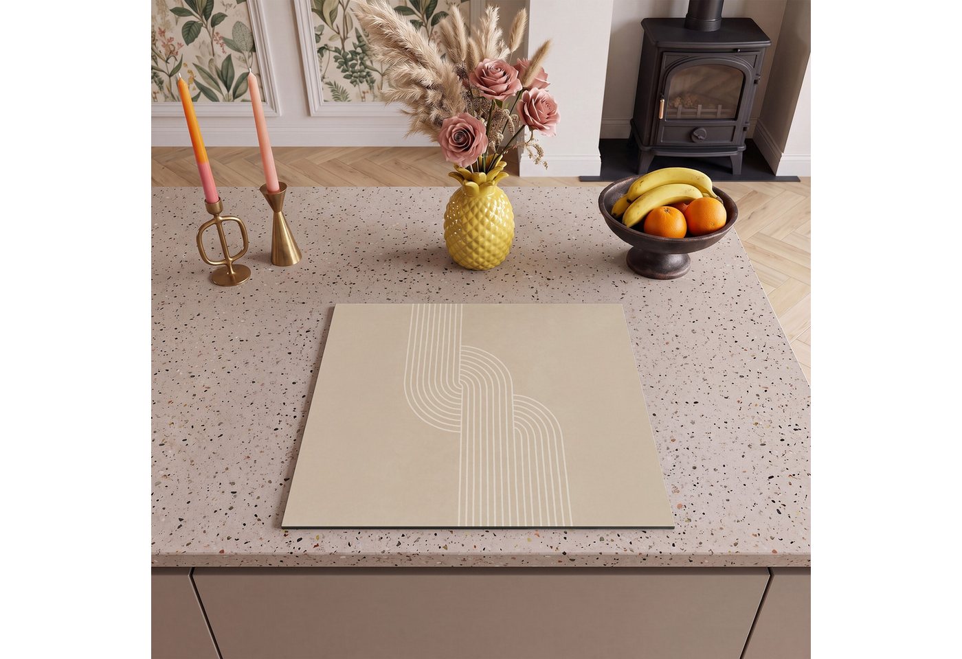 MuchoWow Herd-Abdeckplatte Parallele Linien - Leichte Textur - Beige, Vinyl, (1 tlg), Ceranfeldabdeckung Küche, Herdabdeckplatte Einteilig, 60x52 cm Bild 5