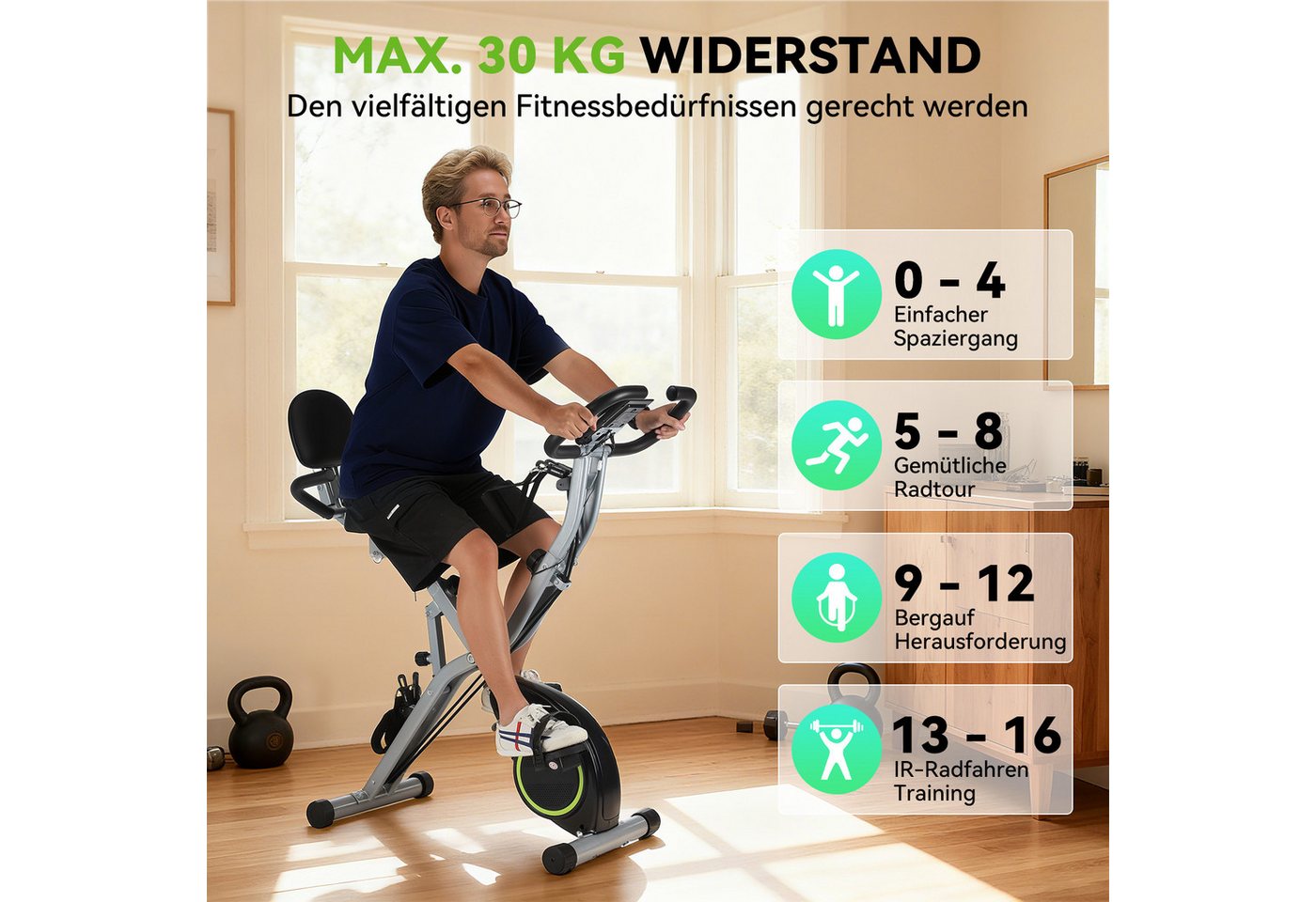 kehot Heimtrainer Heimtrainer Fahrrad klappbar mit Bluetooth und Magnetwiderstand (Indoor Bike mit Kinomap- und Zwift-Kompatibilität, Fitnessbike mit LCD-Display und Pulssensoren), X-Bike mit Rückenlehne, bis 145 kg belastbar