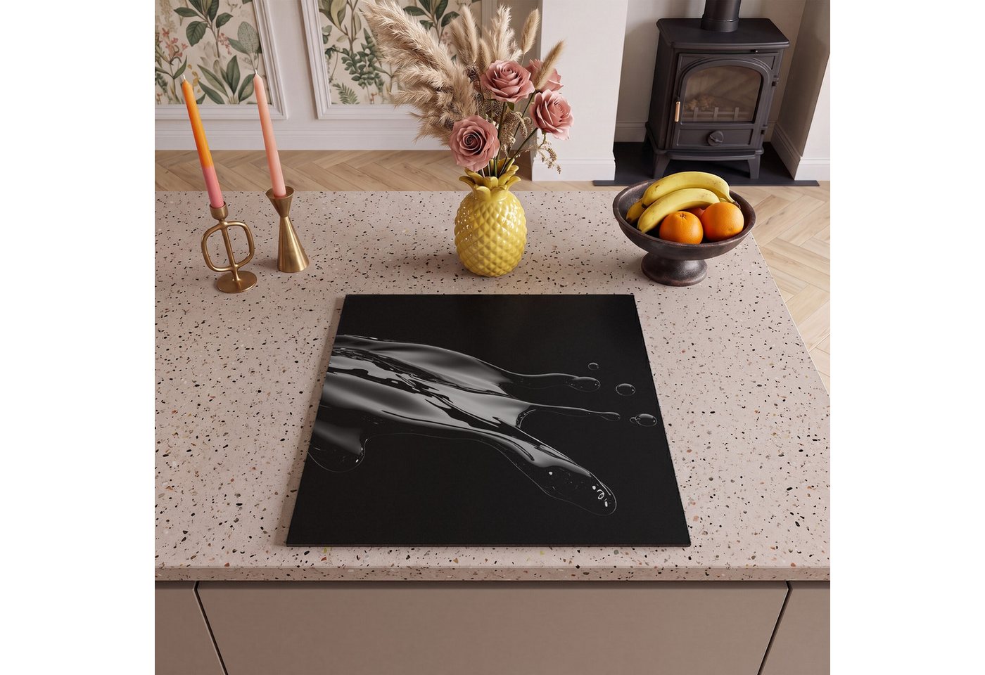 MuchoWow Herd-Abdeckplatte Schwarz - Spritzwasser - Wasser, Vinyl, (1 tlg), Cerankochfeld Abdeckung, Herd Abdeckplatten Vinyl, 58x59 cm Bild 2