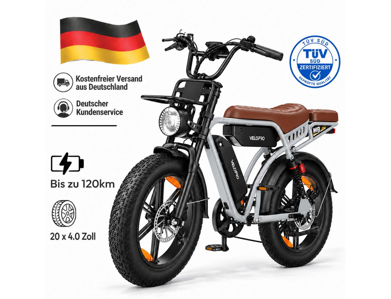 PIXAR E-Bike Mountainbike M9 Fatbike 20 Zoll Elektrofahrrad Doppelakku 48 V 35 Ah bis zu 120KM, 7 Gang Shimano, Heckmotor, 1680 Wh, (Packung), 250 W Vollfederung, hydraulische Scheibenbremsen