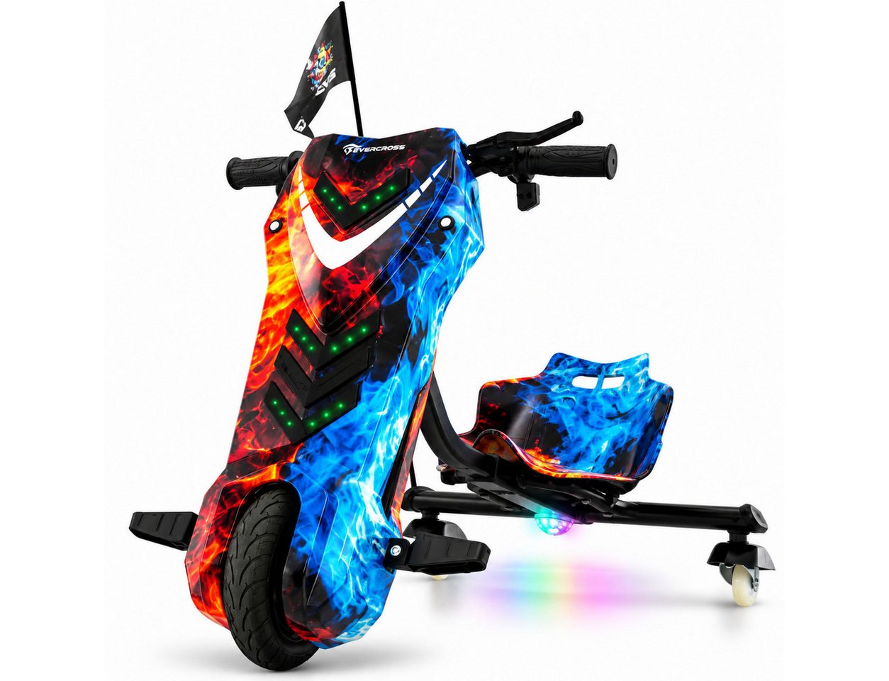 EVERCROSS TECH Dreiradscooter Drifter 360, Elektro Drift Trike, LED-Leuchten, Bluetooth-Lautsprecher, verstellbarem Sitz