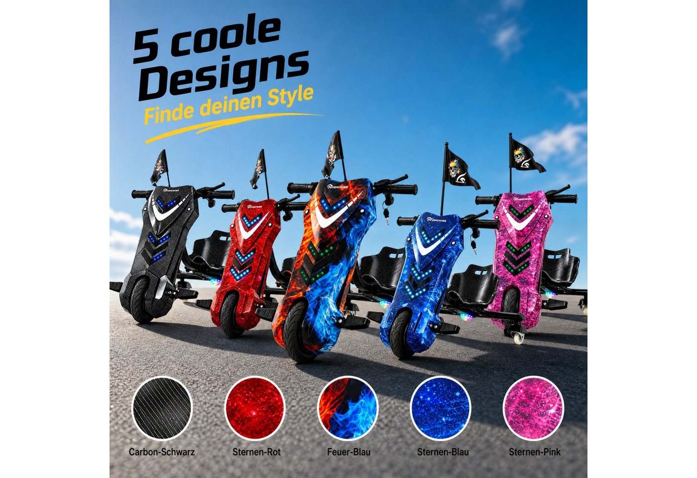 EVERCROSS TECH Dreiradscooter Drifter 360, Elektro Drift Trike, LED-Leuchten, Bluetooth-Lautsprecher, verstellbarem Sitz Bild 2