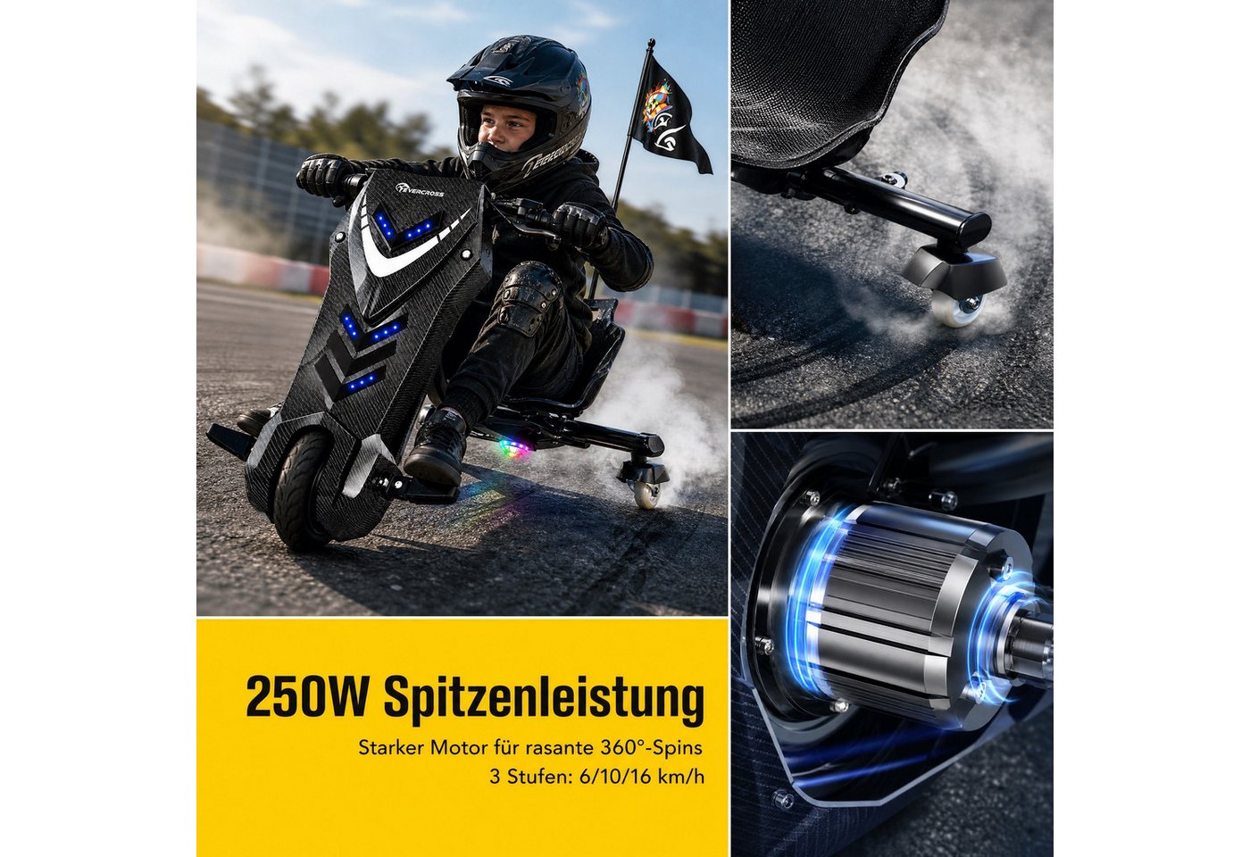 EVERCROSS TECH Dreiradscooter Drifter 360, Elektro Drift Trike, LED-Leuchten, Bluetooth-Lautsprecher, verstellbarem Sitz Bild 3