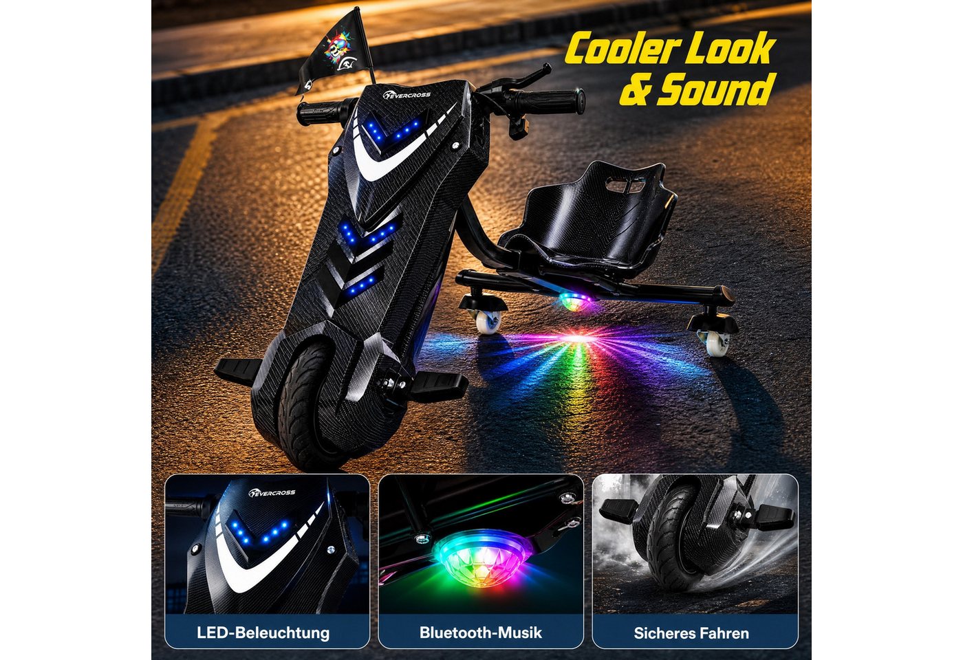EVERCROSS TECH Dreiradscooter Drifter 360, Elektro Drift Trike, LED-Leuchten, Bluetooth-Lautsprecher, verstellbarem Sitz Bild 4