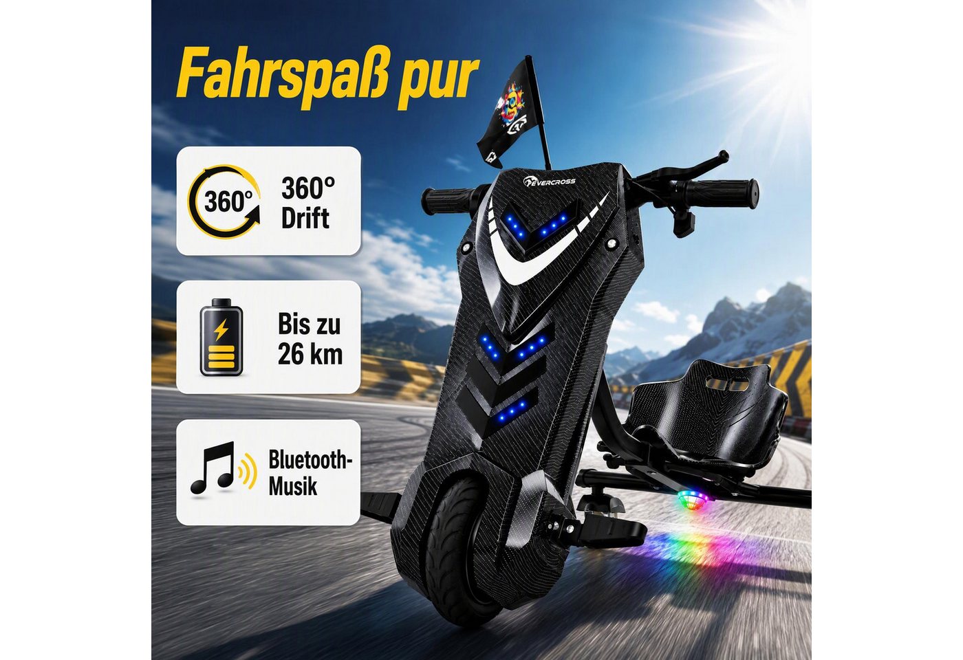 EVERCROSS TECH Dreiradscooter Drifter 360, Elektro Drift Trike, LED-Leuchten, Bluetooth-Lautsprecher, verstellbarem Sitz Bild 5