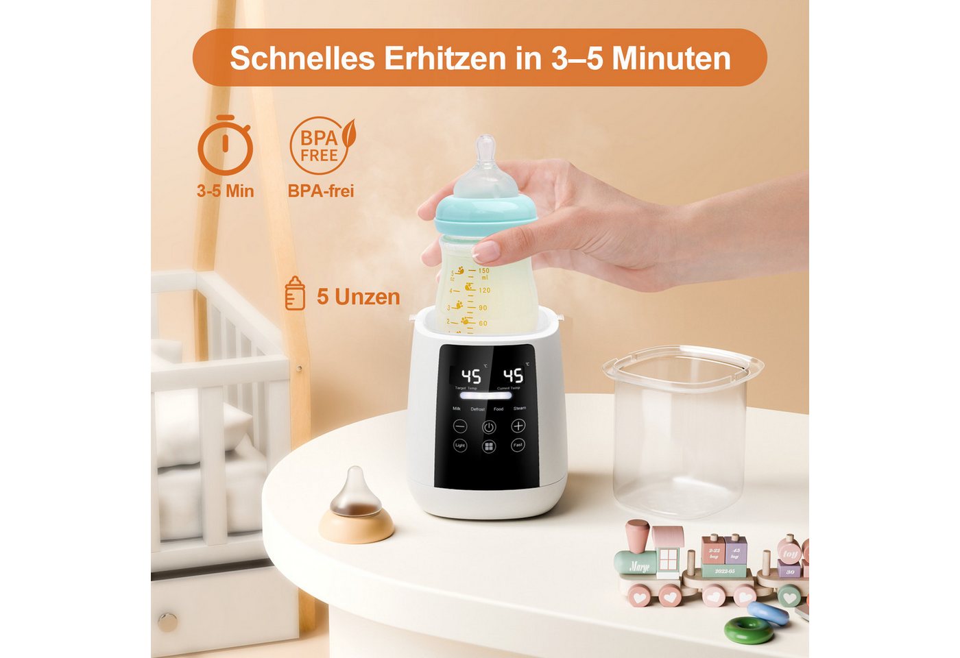 HS Onsing Babyflaschenwärmer 6-in-1 Babyfläschchenwärmer Sterilisator für Babyflaschen, präziser Temperaturkontrolle 24h-Wasserkonservierung Timer LCD-Display Bild 3