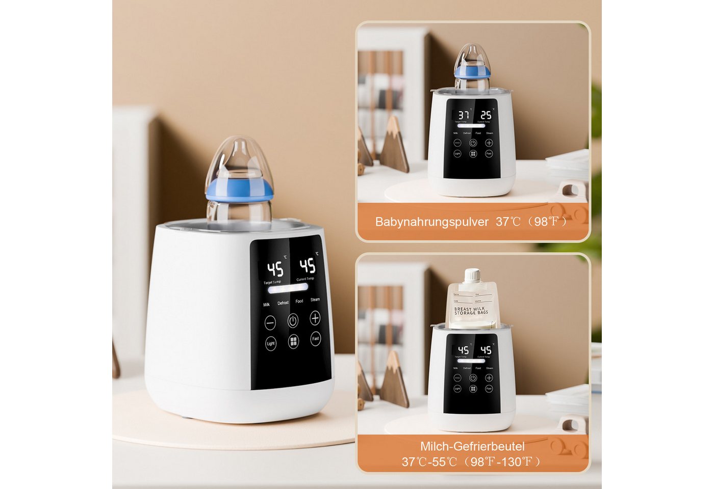 HS Onsing Babyflaschenwärmer 6-in-1 Babyfläschchenwärmer Sterilisator für Babyflaschen, präziser Temperaturkontrolle 24h-Wasserkonservierung Timer LCD-Display Bild 4