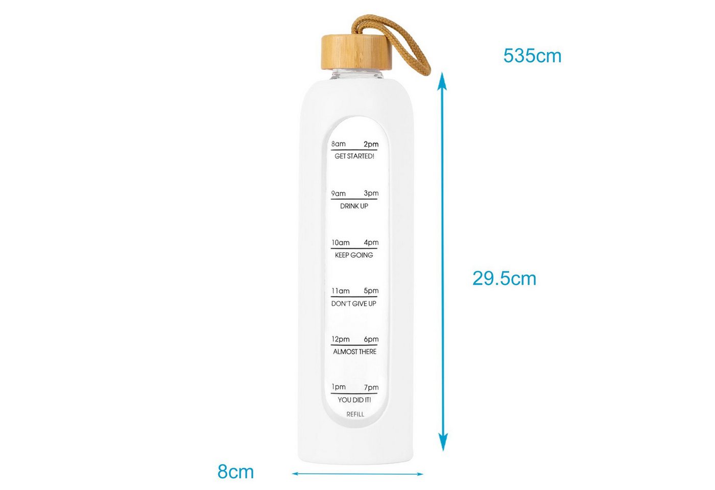 Intirilife Trinkflasche Trinkflasche 820 - 900 ml Glas Zeitmarkierung Sport Wasserflasche, Motivations Wasser Trinkflasche aus Glas mit Zeitmarkierung bis 900 ml