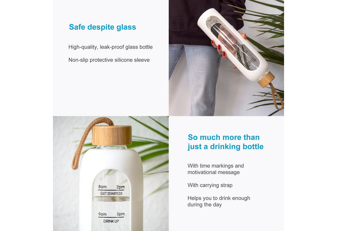 Intirilife Trinkflasche Trinkflasche 820 - 900 ml Glas Zeitmarkierung Sport Wasserflasche, Motivations Wasser Trinkflasche aus Glas mit Zeitmarkierung bis 900 ml Bild 4