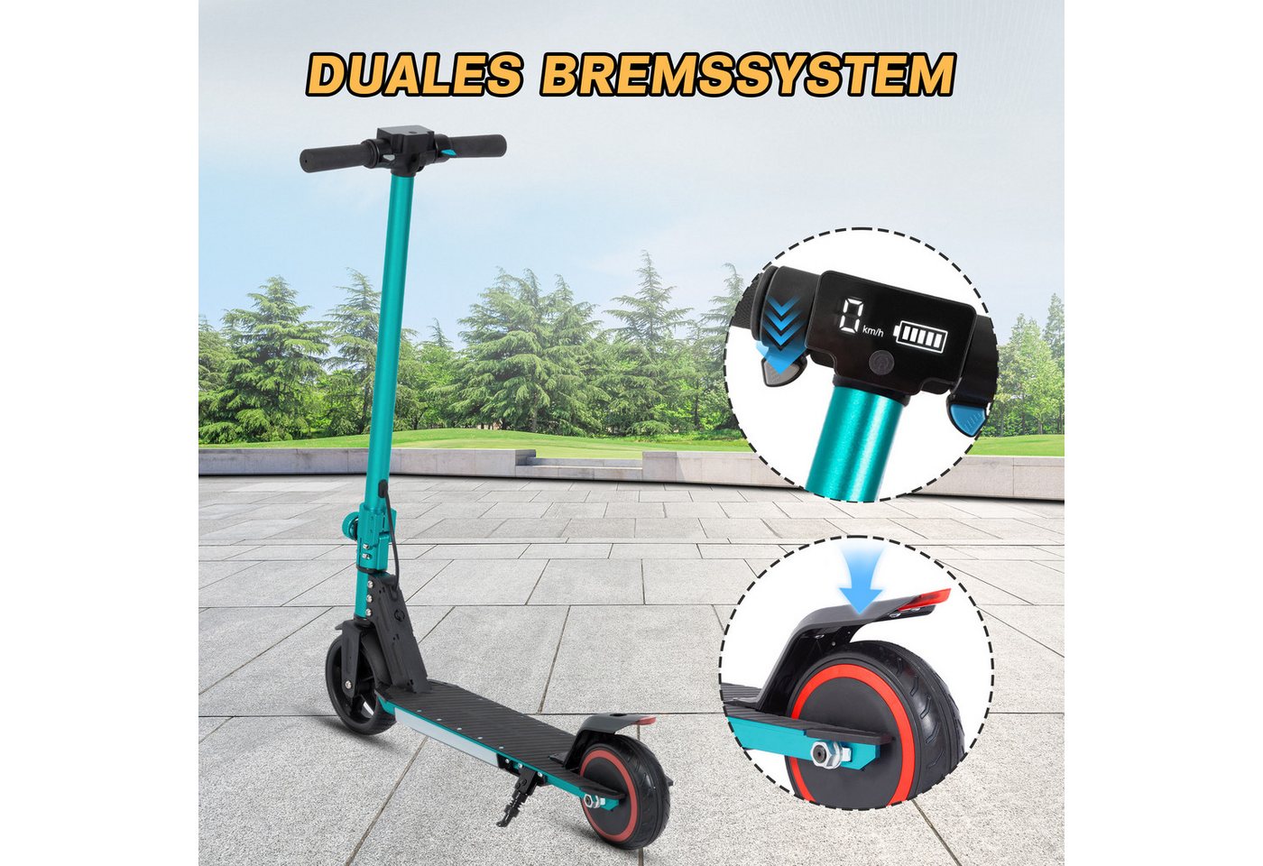 WHEELYOU E-Scooter Kinder ab 6 Jahre, klappbar, 10km, Bunte Leuchten, Jungen und Mädchen, 150 W, 14 km/h, (für Jungen und Mädchen, max. 50kg, faltbar, Aluminiumrahmen), Elektro-Kinderroller, Lenksäulenlicht, mit Haken, EBS + Fußbremse Bild 4