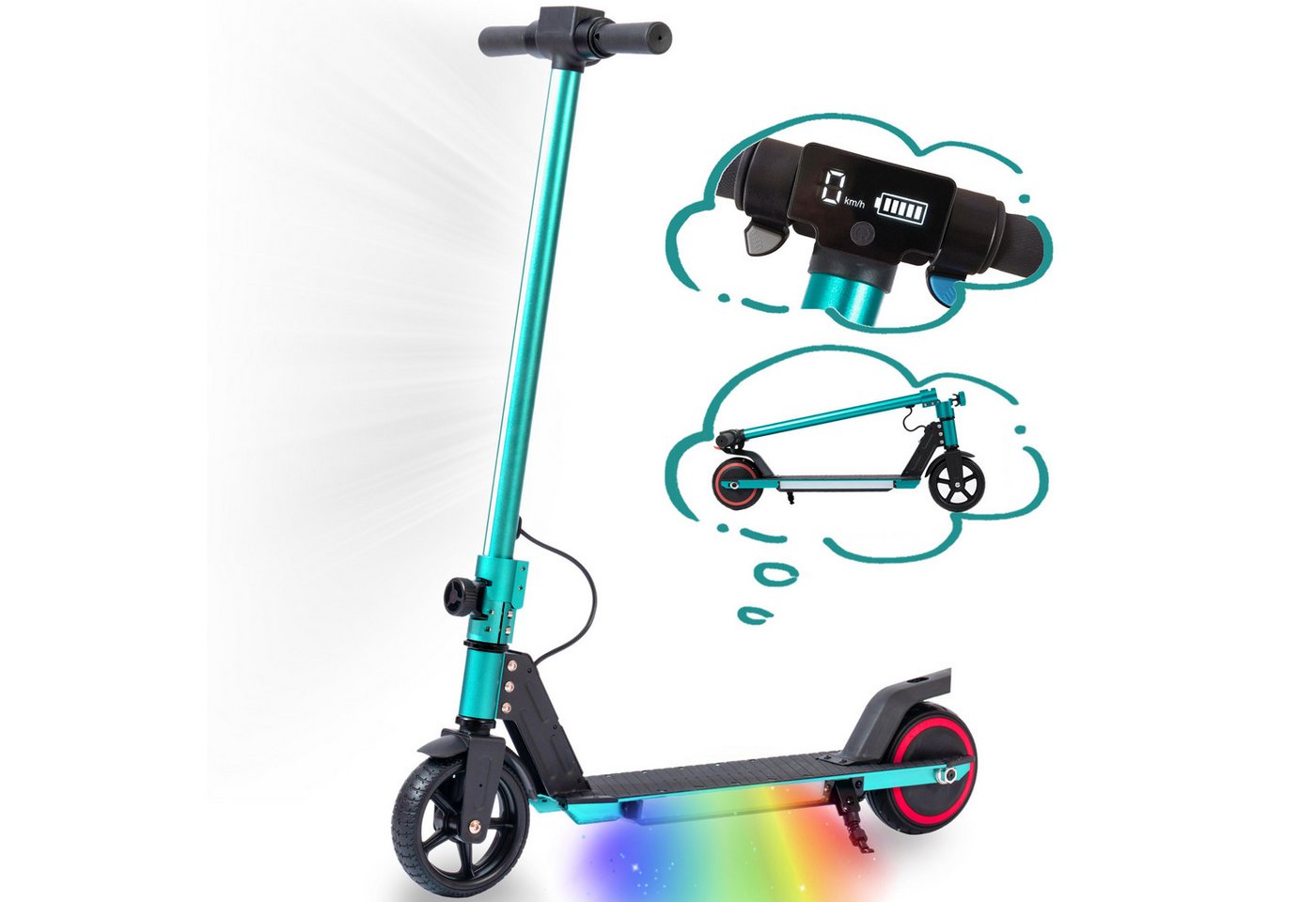 WHEELYOU E-Scooter Kinder ab 6 Jahre, klappbar, 10km, Bunte Leuchten, Jungen und Mädchen, 150 W, 14 km/h, (für Jungen und Mädchen, max. 50kg, faltbar, Aluminiumrahmen), Elektro-Kinderroller, Lenksäulenlicht, mit Haken, EBS + Fußbremse Bild 5