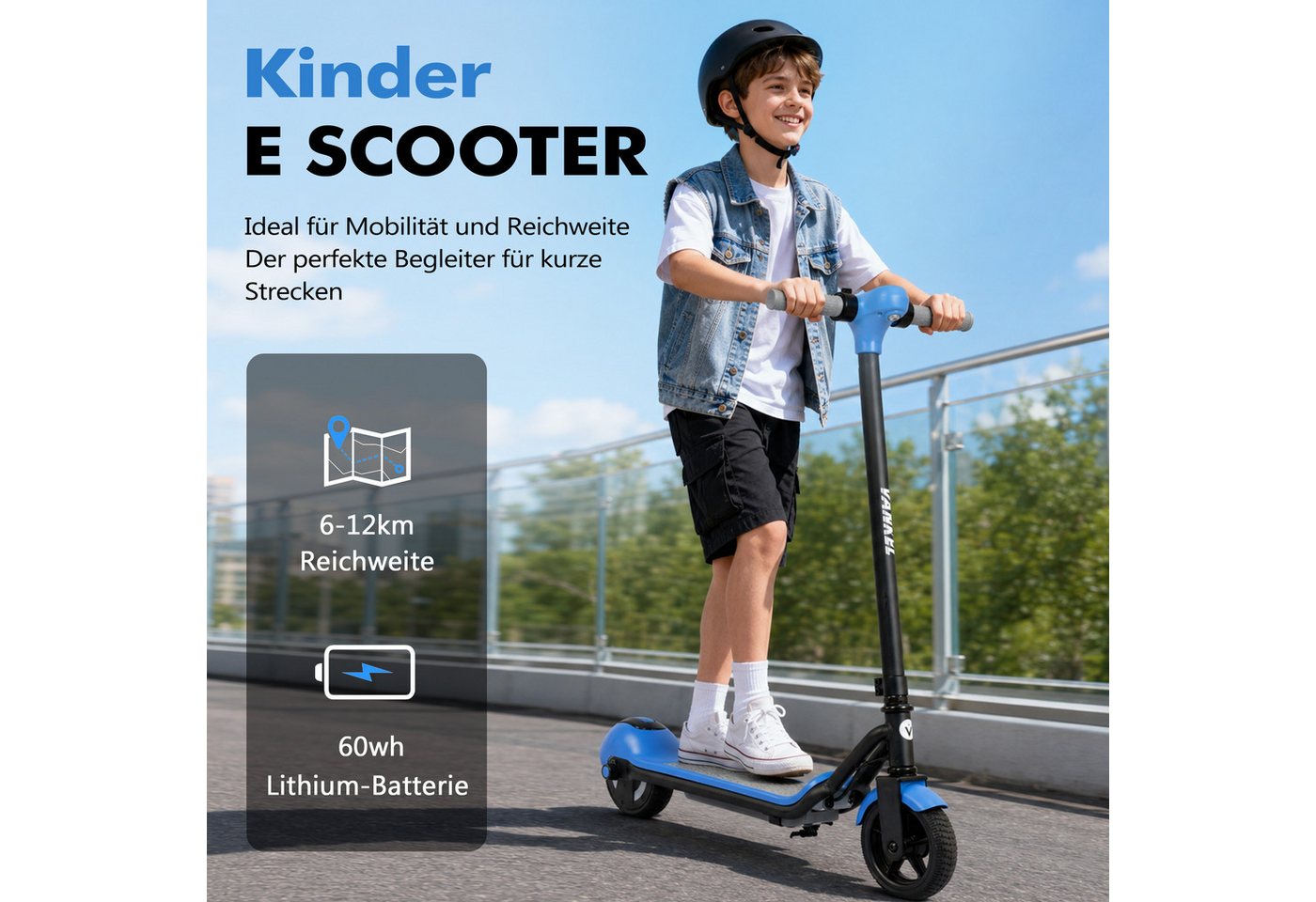WHEELYOU E-Scooter Kinder ab 6 Jahren, Elektro Kinderroller, Bunte Leuchten, Cityroller, 110 W, mit Bluetooth-Lautsprecher, 6,5 Zoll E-roller, Cityroller, E-Bremse