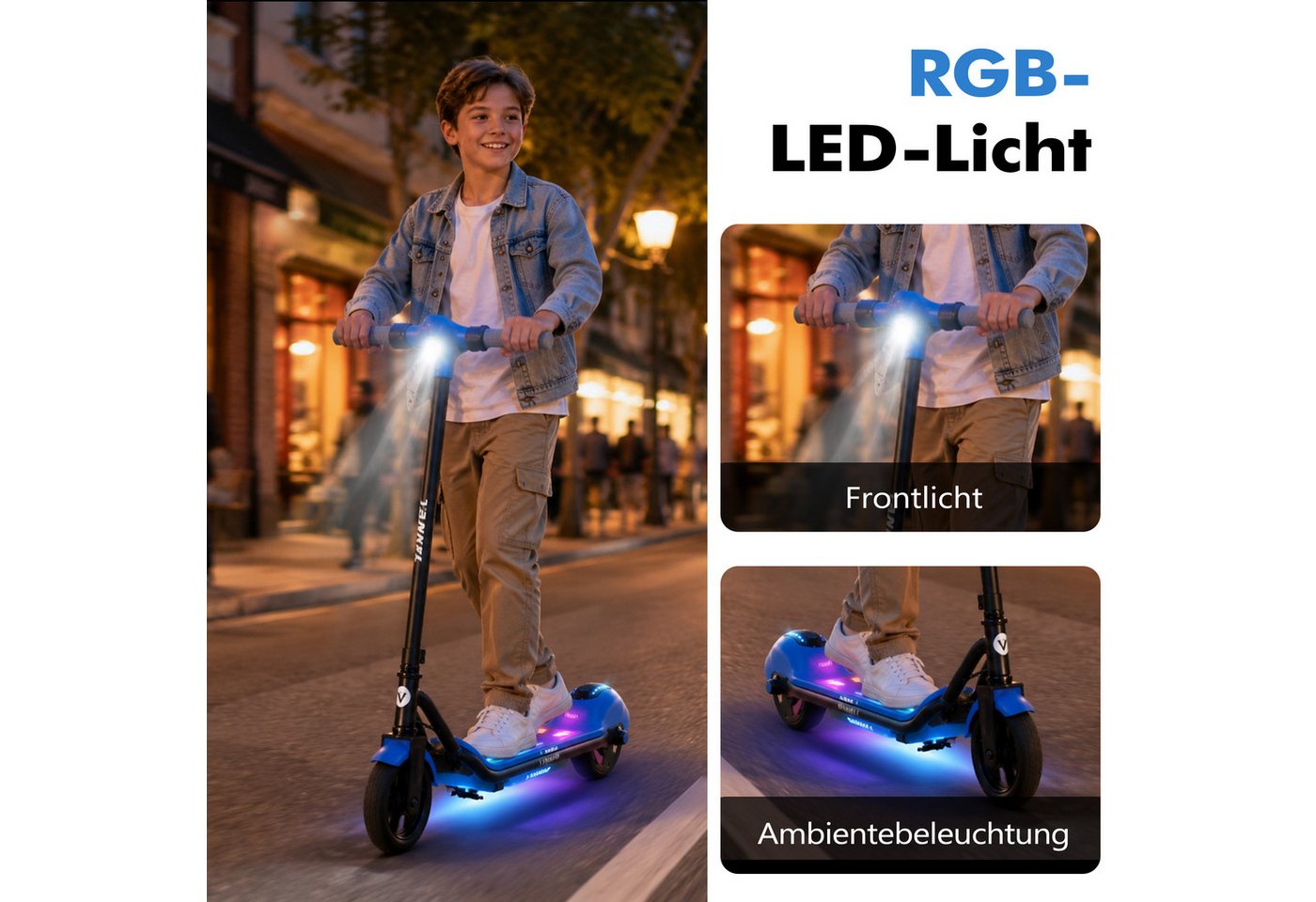 WHEELYOU E-Scooter Kinder ab 6 Jahren, Elektro Kinderroller, Bunte Leuchten, Cityroller, 110 W, mit Bluetooth-Lautsprecher, 6,5 Zoll E-roller, Cityroller, E-Bremse Bild 3