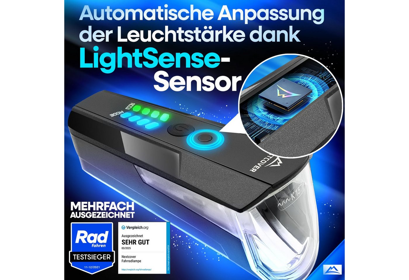 Nextcover Fahrradbeleuchtung LightSense Set mit Lichtsensor & Akku, StVZO, LED vorne & hinten
