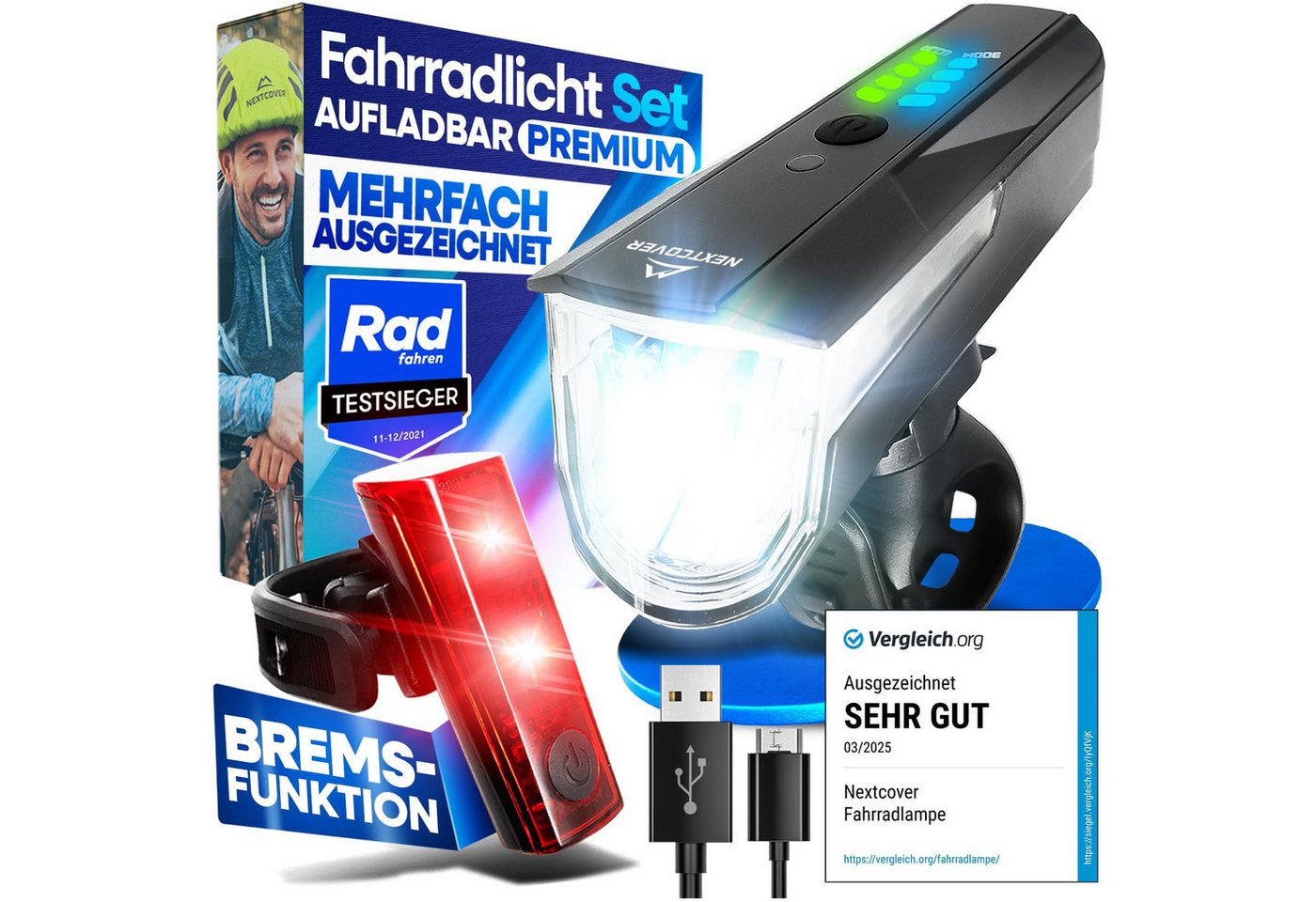 Nextcover Fahrradbeleuchtung LightSense Set mit Lichtsensor & Akku, StVZO, LED vorne & hinten Bild 2