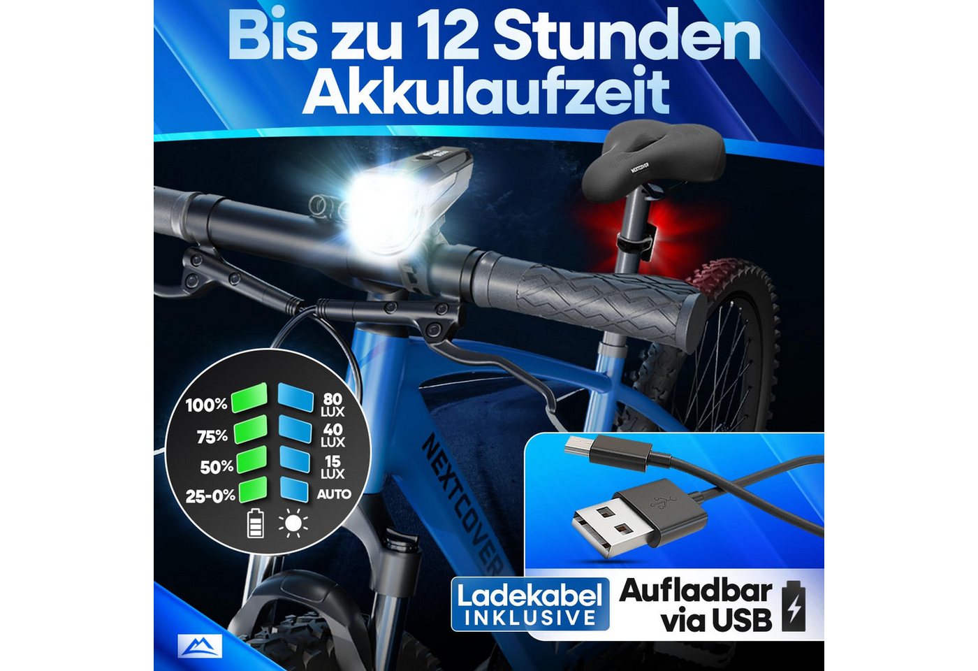 Nextcover Fahrradbeleuchtung LightSense Set mit Lichtsensor & Akku, StVZO, LED vorne & hinten Bild 4