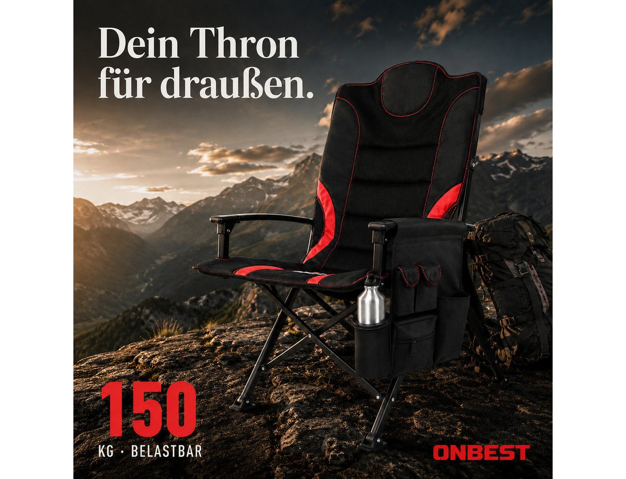 Onbest Campingstuhl faltbar gepolstert mit Tragetasche, bis 150 kg, Getränkehalter, Rückentasche, Stahlgestell Bild 4