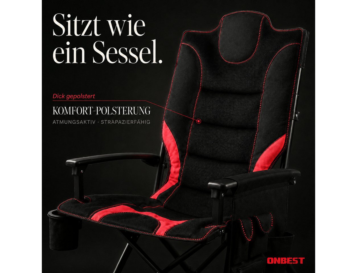 Onbest Campingstuhl faltbar gepolstert mit Tragetasche, bis 150 kg, Getränkehalter, Rückentasche, Stahlgestell Bild 5