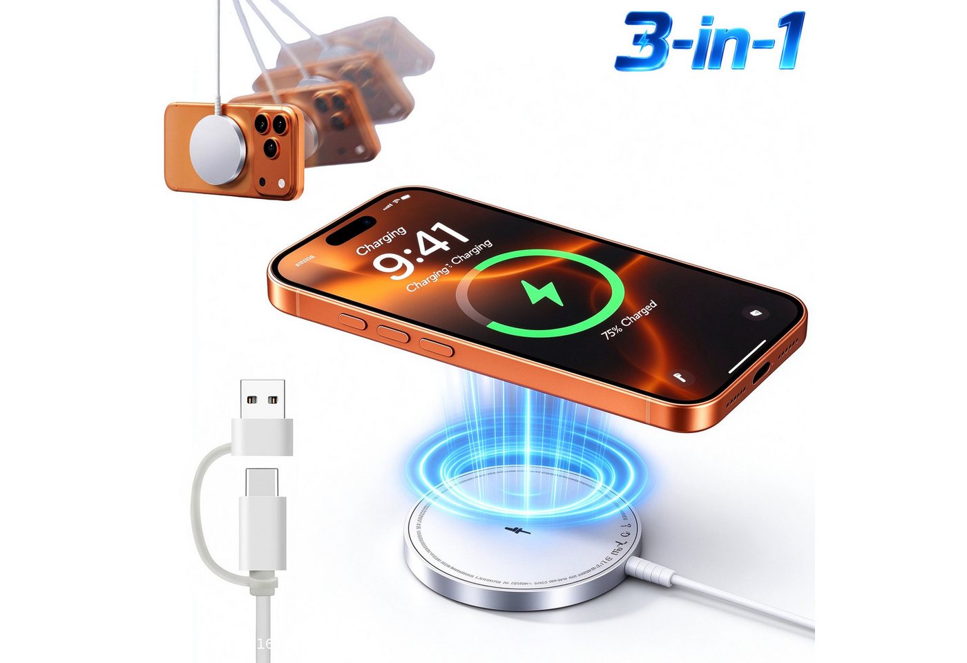 Fyrove MagSafe Ladegerät Wireless Charger Induktive Ladestation Kabellose 15W Wireless Charger (5,00 mA, Set, Magnetic MagPad + USB-A Adapter, iPhone 18 17 16 15 14 13 Pro Max Kontaktloses Kabellos Laden Induktion) Bild 4