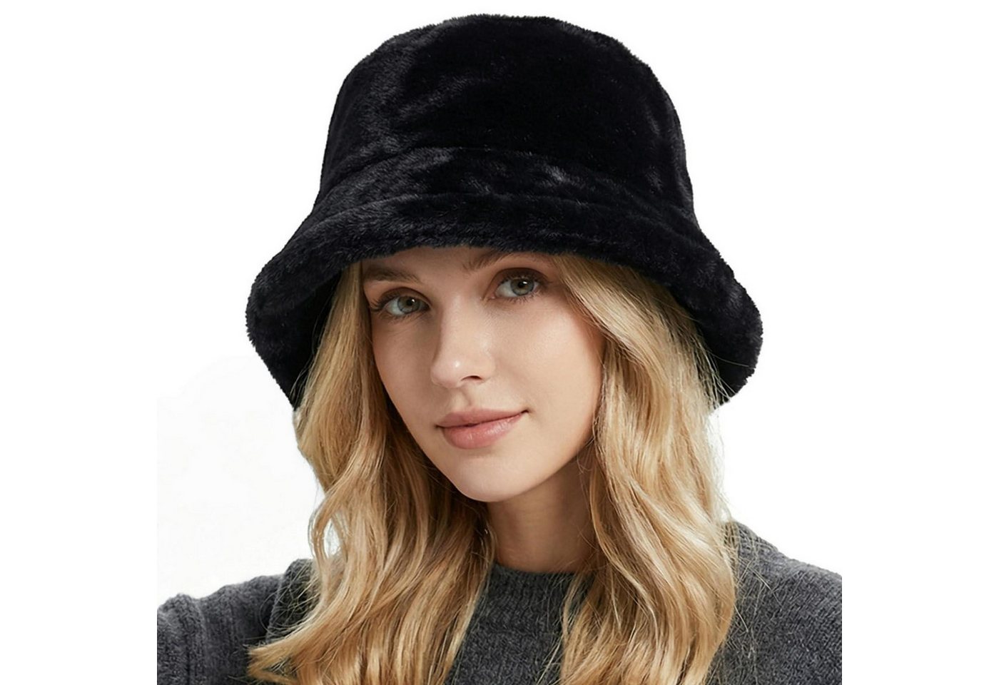 LuxusKollektion Fischerhut Fischermütze Damen Winter Flausch Fuzzy Einheitsgröße-M B1# Schwarz
