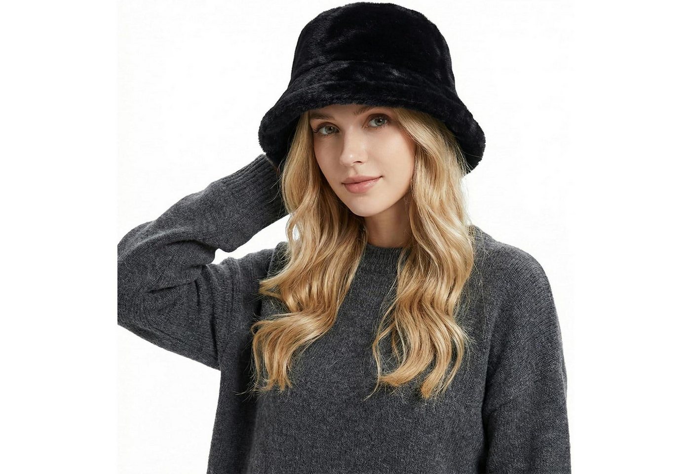 LuxusKollektion Fischerhut Fischermütze Damen Winter Flausch Fuzzy Einheitsgröße-M B1# Schwarz Bild 2