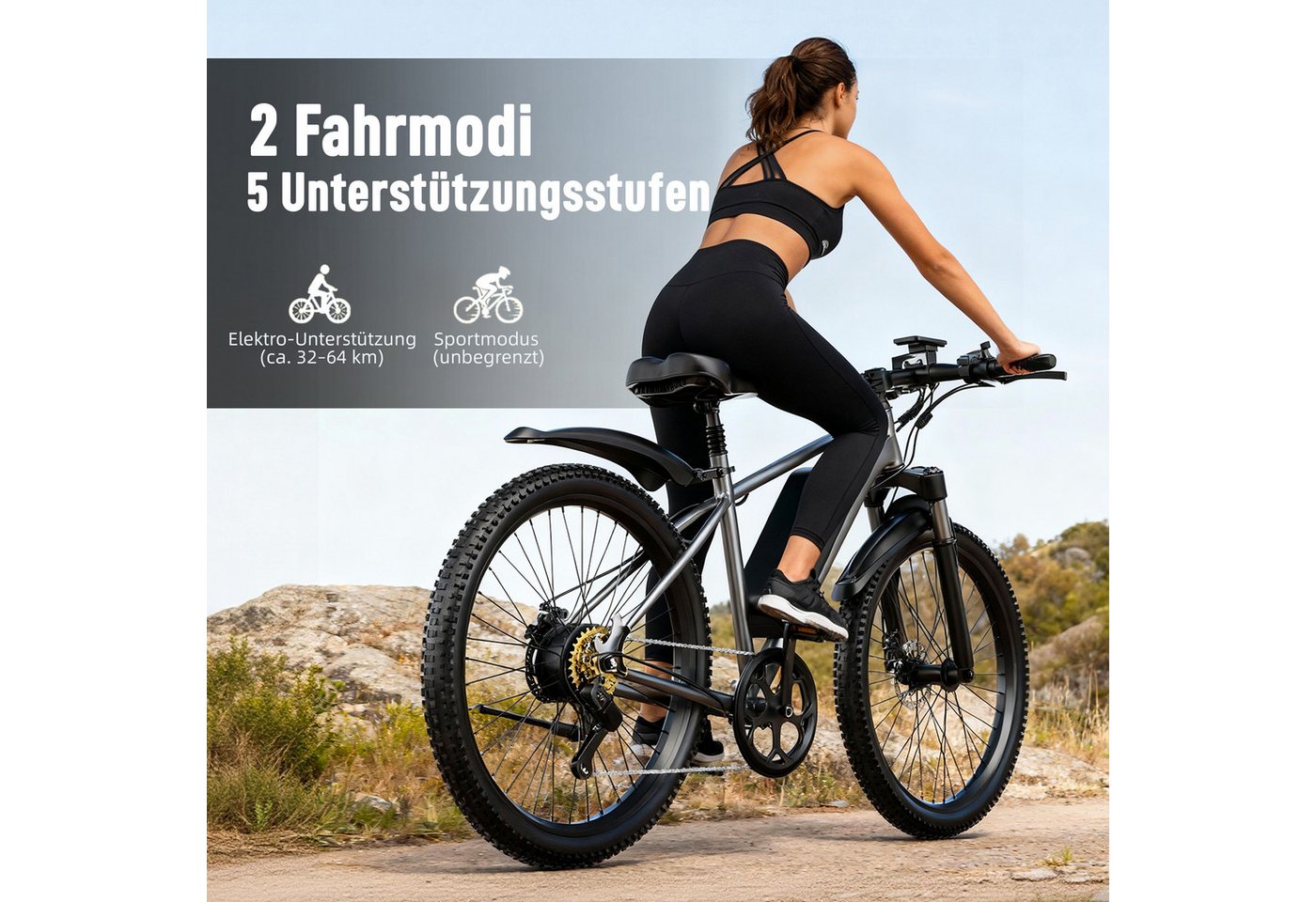 ZWHEEL E-Bike Cityrad Herren Damen E-Mountainbike 26 Zoll 250W 624Wh 80km Shimano 7-Gang, Kettenschaltung, Heckmotor, 624 Wh, (Beleuchtungsset mit Batterieladegerät, Batterieschlüssel, Werkzeug), 25 km/h 160mm Scheibenbremsen LED-Scheinwerfer Federgabel 23 kg Bild 4