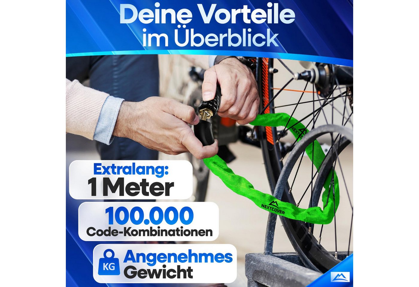 Nextcover Kettenschloss LockPro mit 5-stelligem Zahlencode, für E-Bike & Fahrrad, 6-mm-Kette