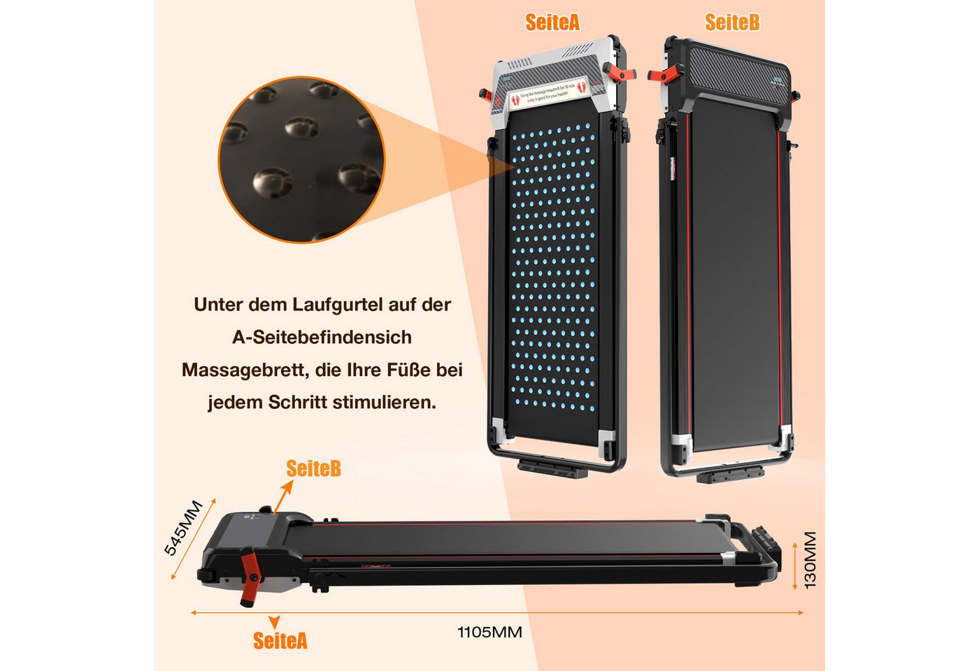 CITYSPORTS Laufband Heim-Laufbänder mit Fußmassagematte-Funktion,mit Steigung, beidseitig (Mit Tools und Schmiermitteln), 440W Bürstenloser Motor, 1-6KM/H, max. Last 120KG, Walking/Jogging Pad Bild 2
