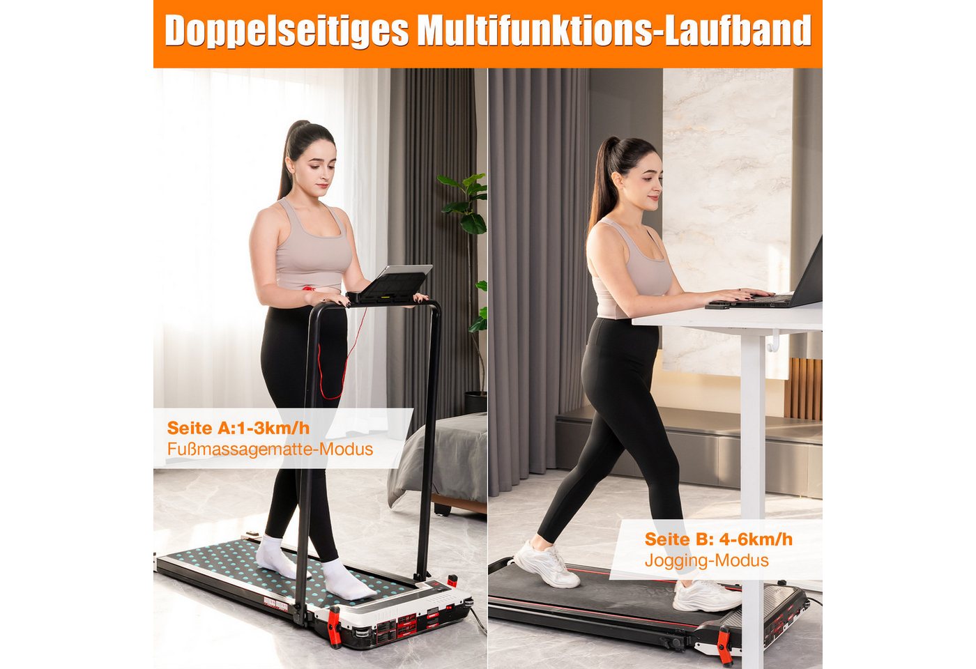 CITYSPORTS Laufband Heim-Laufbänder mit Fußmassagematte-Funktion,mit Steigung, beidseitig (Mit Tools und Schmiermitteln), 440W Bürstenloser Motor, 1-6KM/H, max. Last 120KG, Walking/Jogging Pad Bild 4