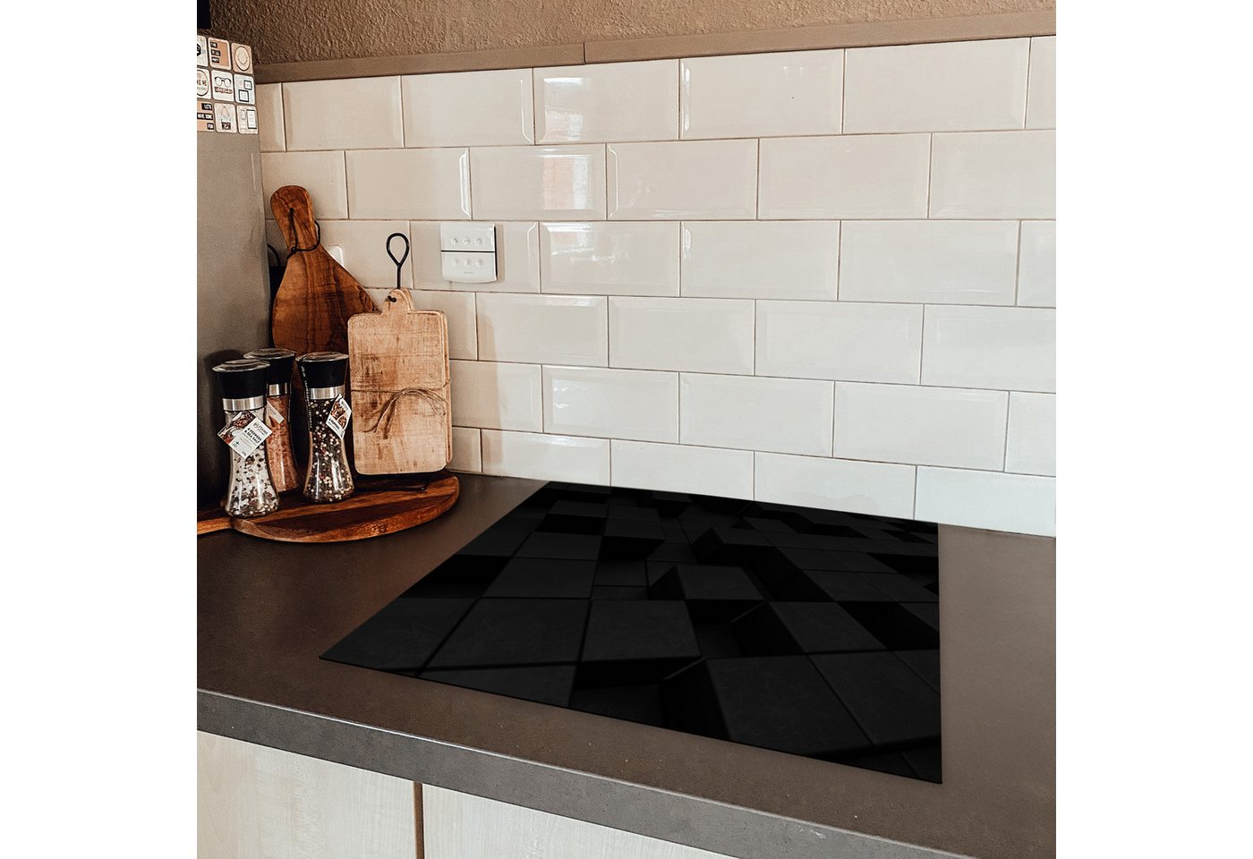 MuchoWow Herd-Abdeckplatte Würfel - Schwarz - Weiß - Muster, Vinyl, (1 tlg), Cerankochfeld Abdeckung, Herd Abdeckplatten Vinyl, 58.3x51.3 cm Bild 2