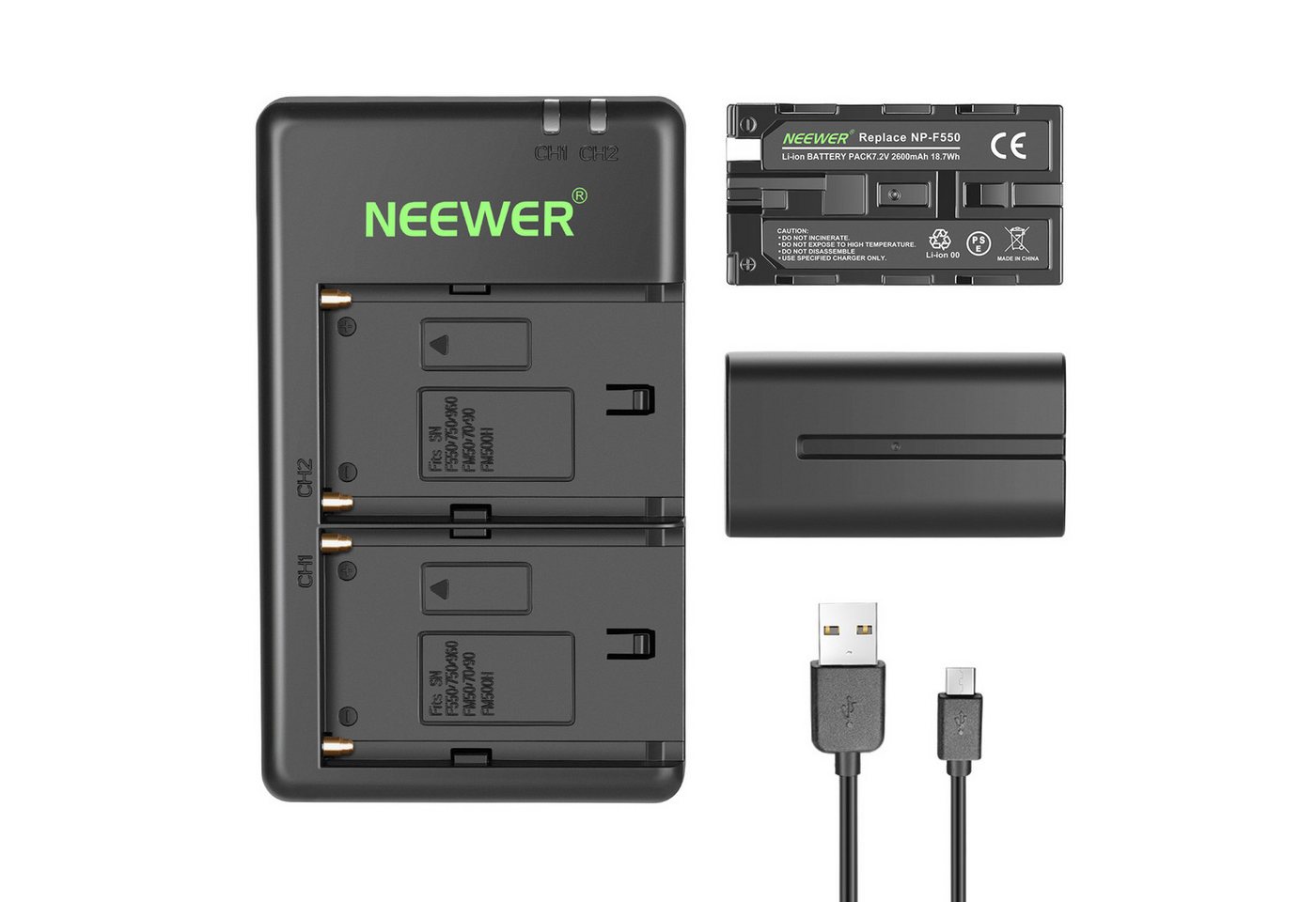Neewer Ersatzakku und Ladegerät Set für NP-F550, 2er Pack 2600mAh Akkus Kamera-Akku, mit USB Ladegerät Bild 2