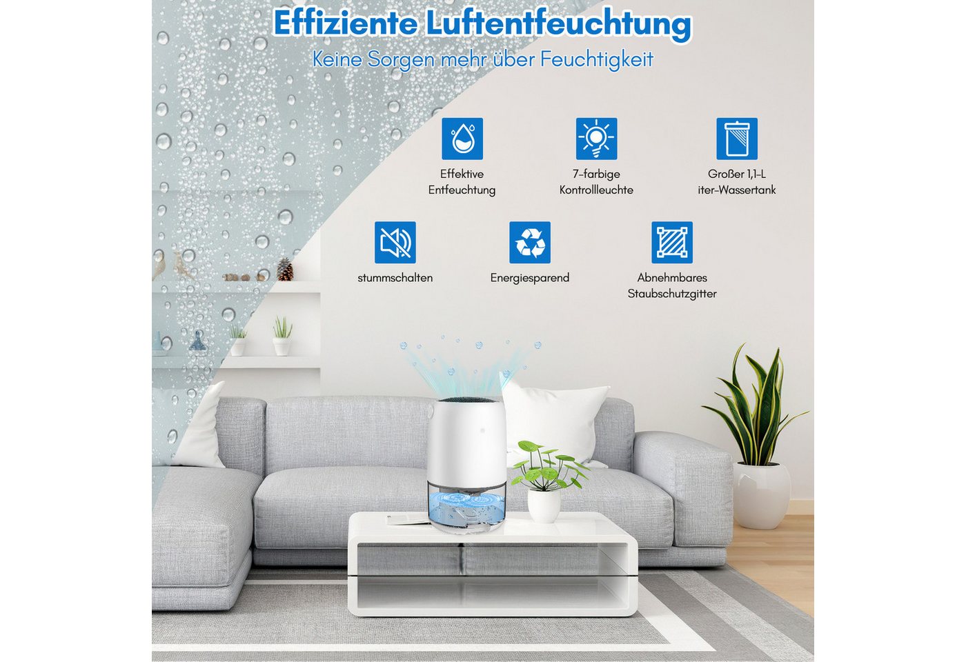 Clanmacy Luftentfeuchter 1100ml Lufttrockner Profi Luftentfeuchtungsgerät Raumentfeuchter, für 15 m³ Räume, Tank 1,10 l Bild 3