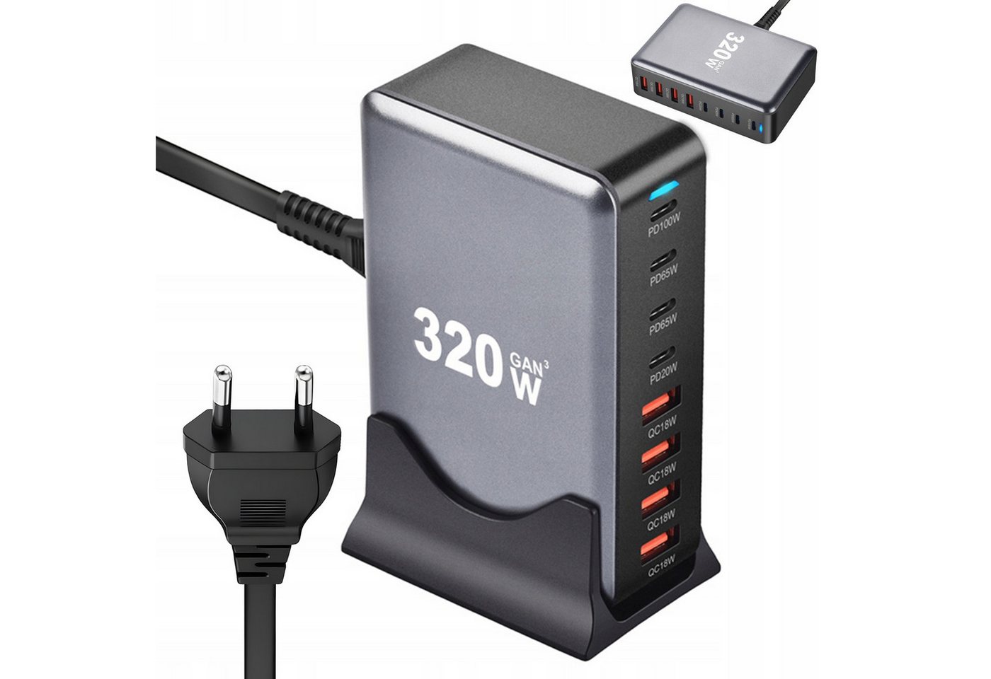 AKKEE 320W GaN 8 Ports USB Schnellladegerät Ladestation mit 5 USB-C USB-Ladegerät (Charger PD PPS 100W 65W USB C Netzteil für MacBook Pro/Air,iPad) Bild 2