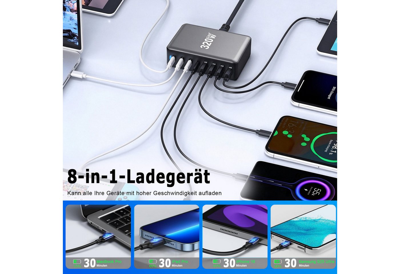 AKKEE 320W GaN 8 Ports USB Schnellladegerät Ladestation mit 5 USB-C USB-Ladegerät (Charger PD PPS 100W 65W USB C Netzteil für MacBook Pro/Air,iPad) Bild 3