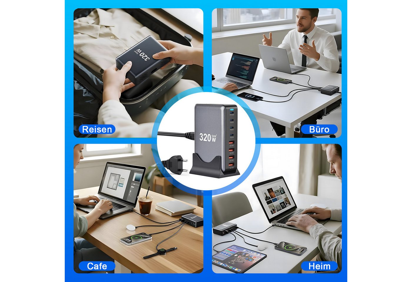 AKKEE 320W GaN 8 Ports USB Schnellladegerät Ladestation mit 5 USB-C USB-Ladegerät (Charger PD PPS 100W 65W USB C Netzteil für MacBook Pro/Air,iPad) Bild 5