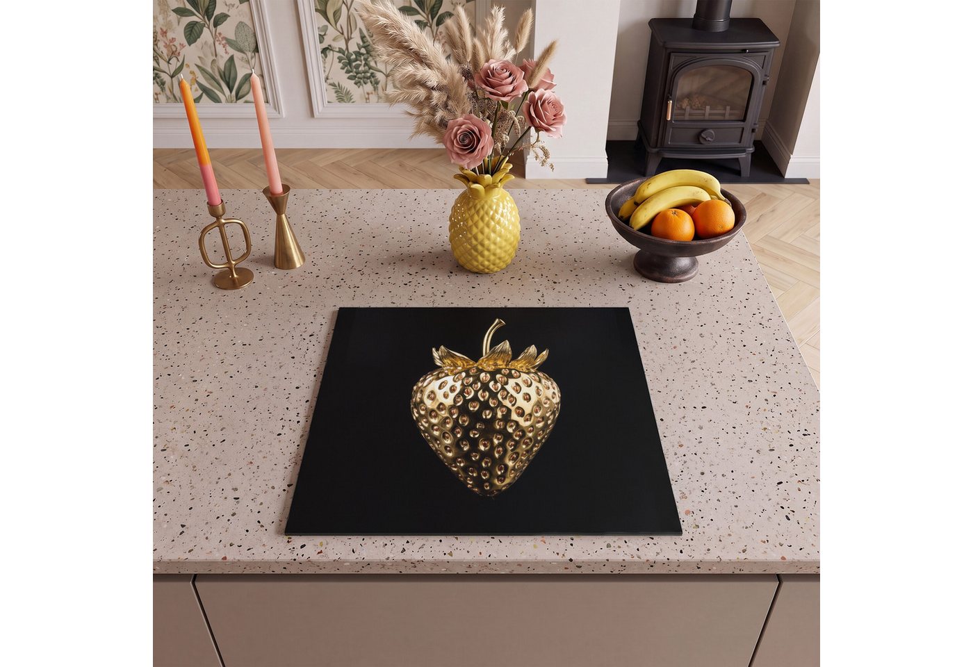MuchoWow Herd-Abdeckplatte Erdbeere - Gold - Schwarz - Chrom, Vinyl, (1 tlg), Cerankochfeld Abdeckung, Herd Abdeckplatten Vinyl, 58.3x51.3 cm Bild 5