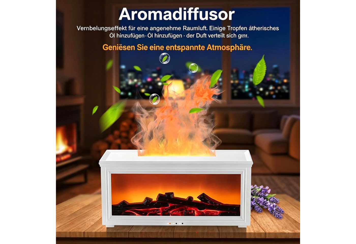 KINSI Luftbefeuchter Aroma Diffuser mit Luftbefeuchter, Kamin Flammen Effekt, LED Licht, Ultraschall-Luftbefeuchter, großer Wassertank (280 ml), 7 Lichtfarben Bild 2