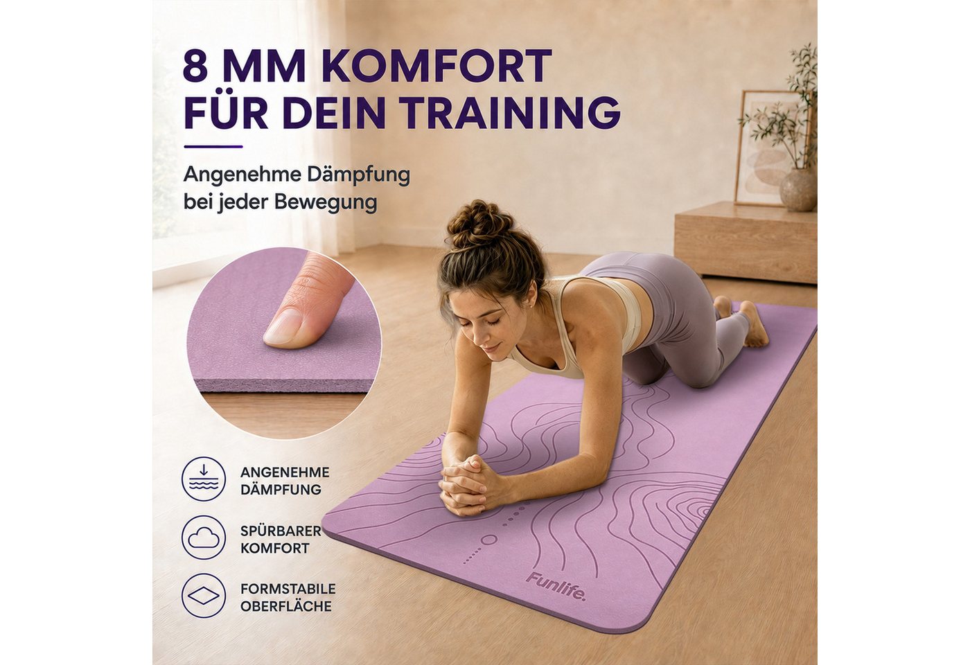 FunLife Yogamatte Comfort 61 cm– einzeln oder mit 3 Widerstandsbändern (Set, Yogamatte, Tragegurt), 8 mm gepolstert, rutschhemmend, formstabil, mit Tragegurt