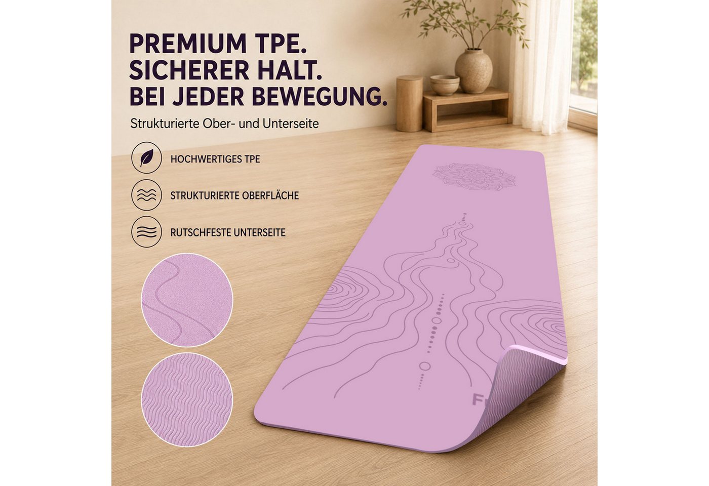 FunLife Yogamatte Comfort 61 cm– einzeln oder mit 3 Widerstandsbändern (Set, Yogamatte, Tragegurt), 8 mm gepolstert, rutschhemmend, formstabil, mit Tragegurt Bild 2