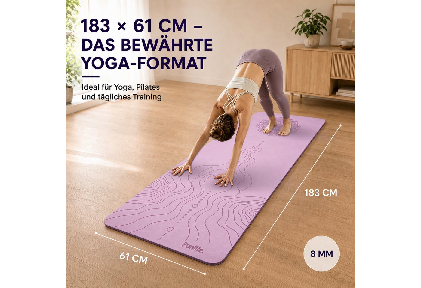 FunLife Yogamatte Comfort 61 cm– einzeln oder mit 3 Widerstandsbändern (Set, Yogamatte, Tragegurt), 8 mm gepolstert, rutschhemmend, formstabil, mit Tragegurt Bild 3