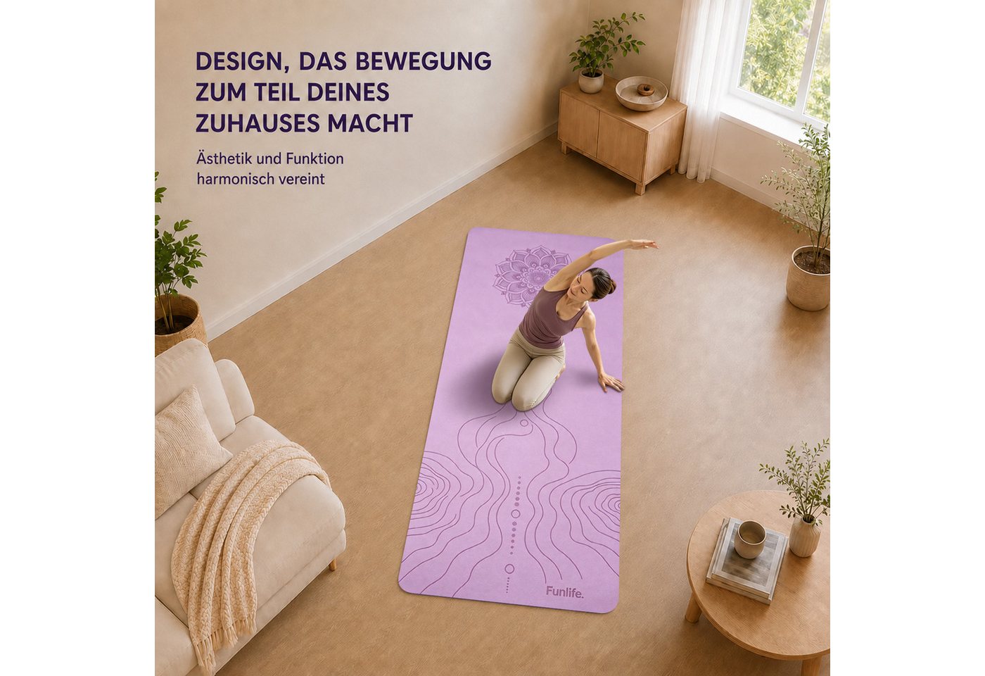 FunLife Yogamatte Comfort 61 cm– einzeln oder mit 3 Widerstandsbändern (Set, Yogamatte, Tragegurt), 8 mm gepolstert, rutschhemmend, formstabil, mit Tragegurt Bild 4